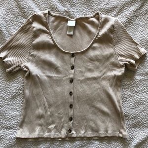 Cream, faux button down, short sleeved crop top